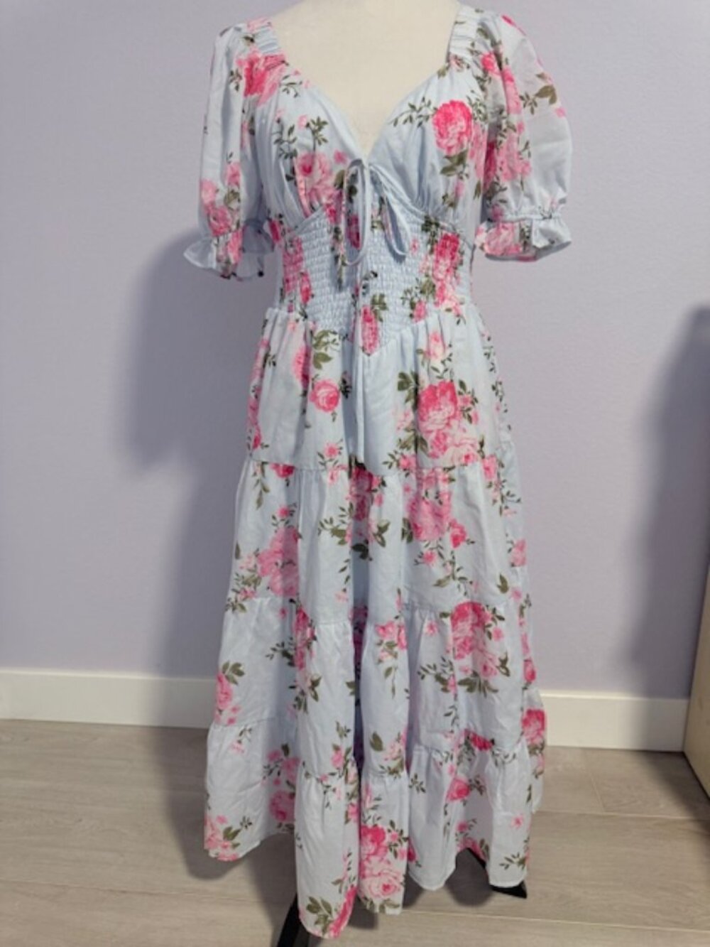 Francesca's flower print, smoked waist midi dress.